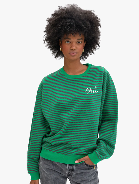 CLARE V. Oversized Striped Oui Sweatshirt in Green/Charcoal