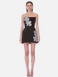 Velvet Strapless 3D Metallic Floral Mini Dress in Black