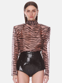 Zebra Chiffon High Neck Tie Back Blouse in Brown