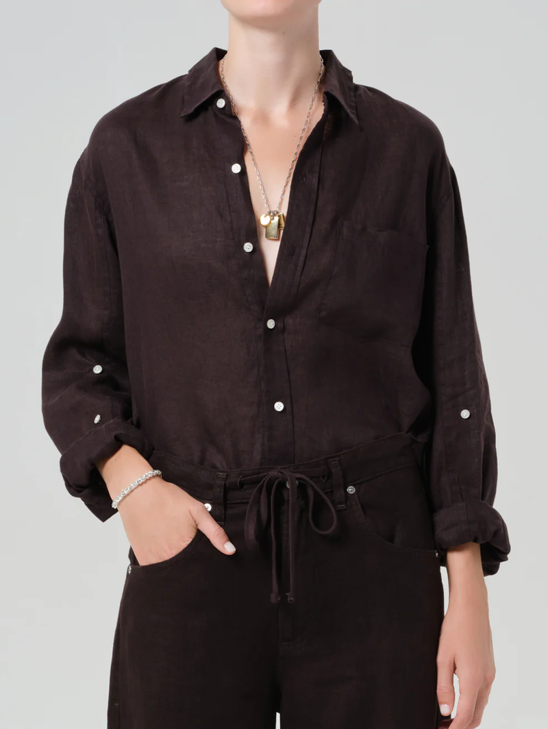 Kayla Shrunken Linen Shirt in Chocolate