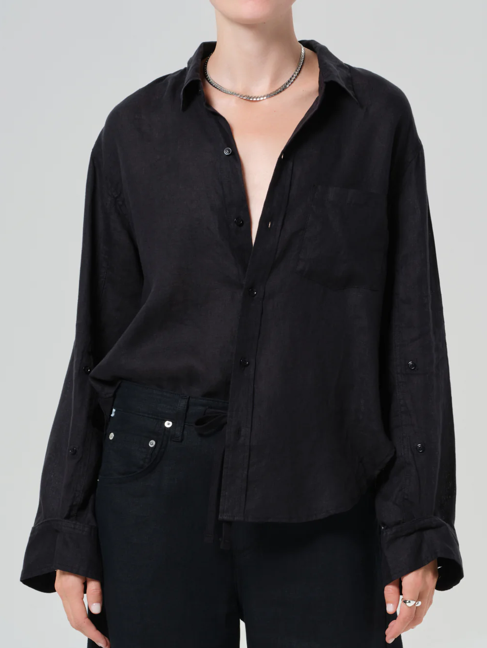 Kayla Shrunken Linen Shirt in Black