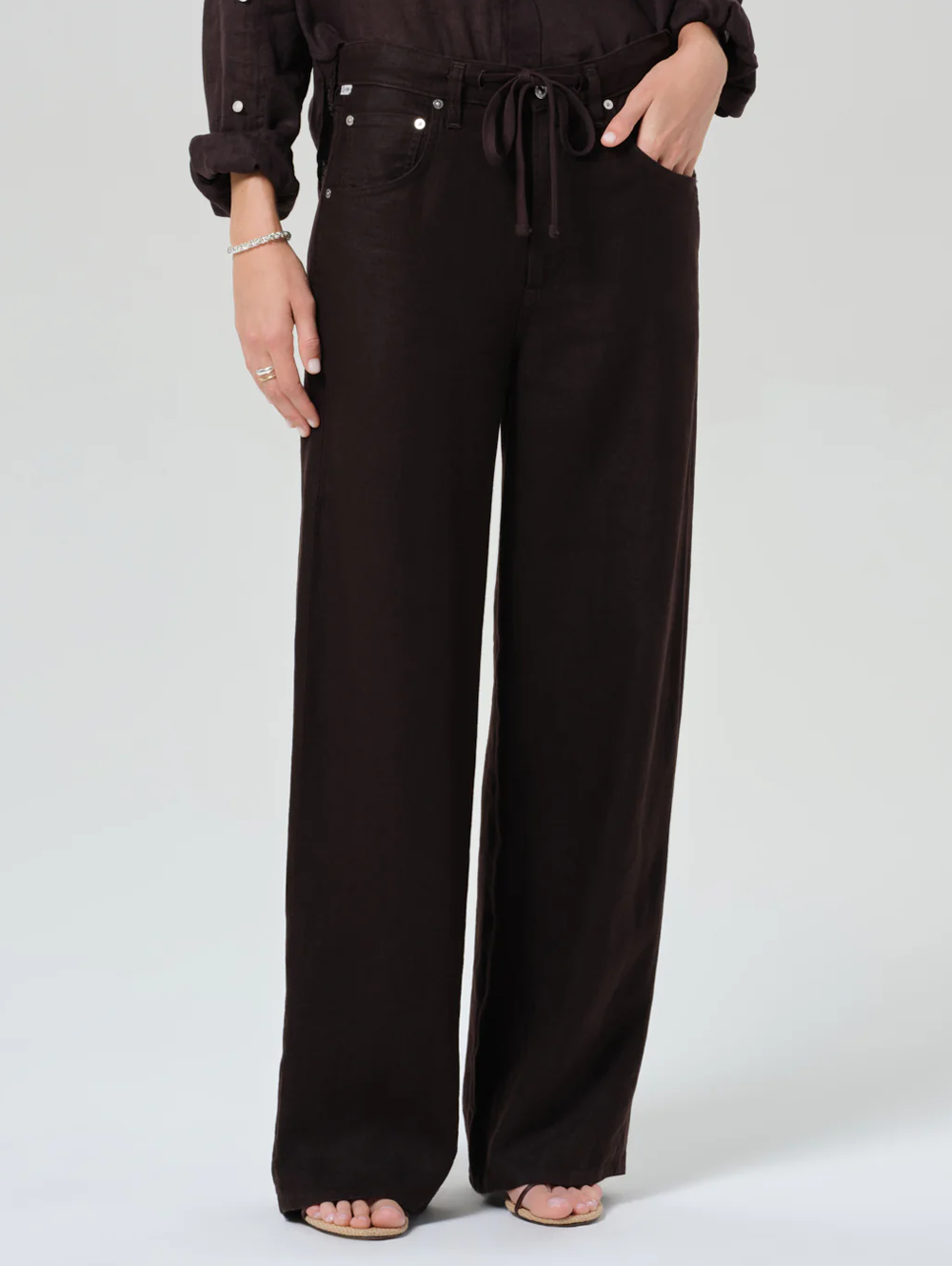 Brynn Drawstring Linen Trouser in Chocolate