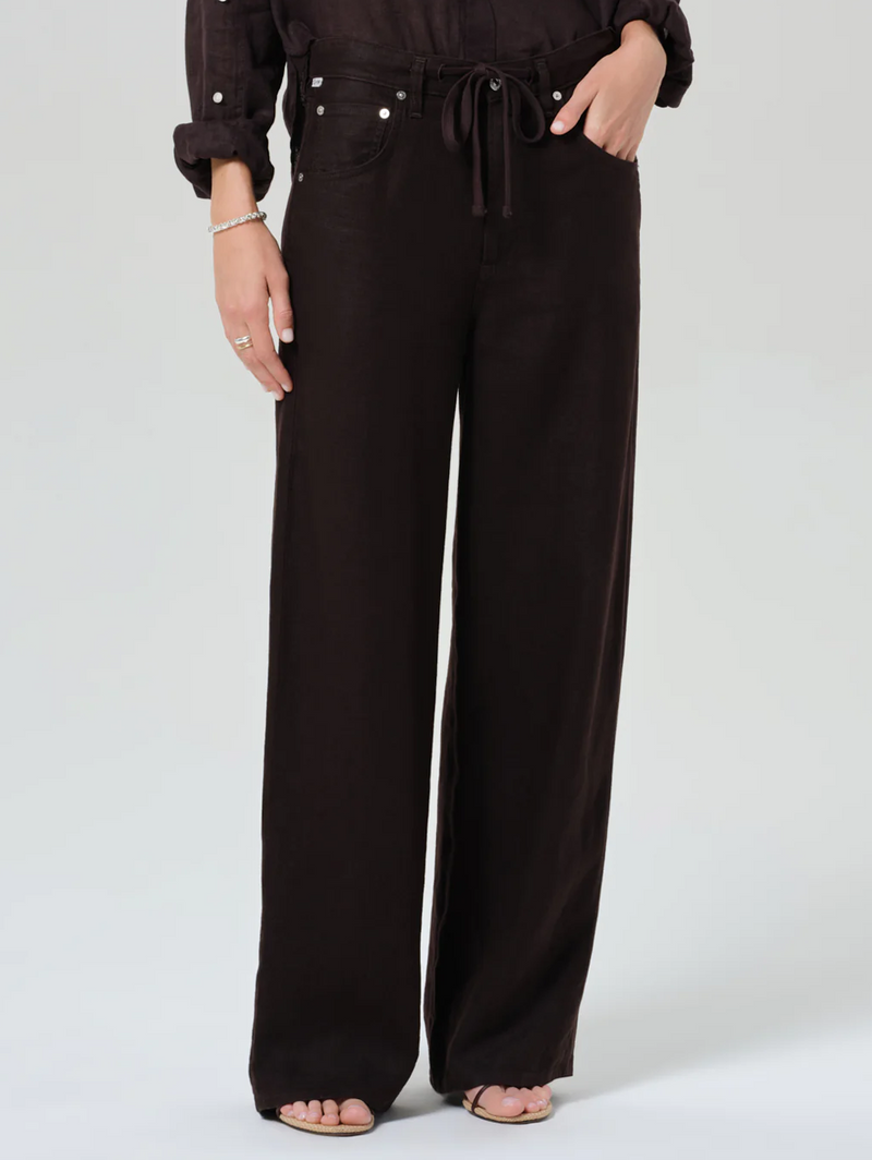 Brynn Drawstring Linen Trouser in Chocolate