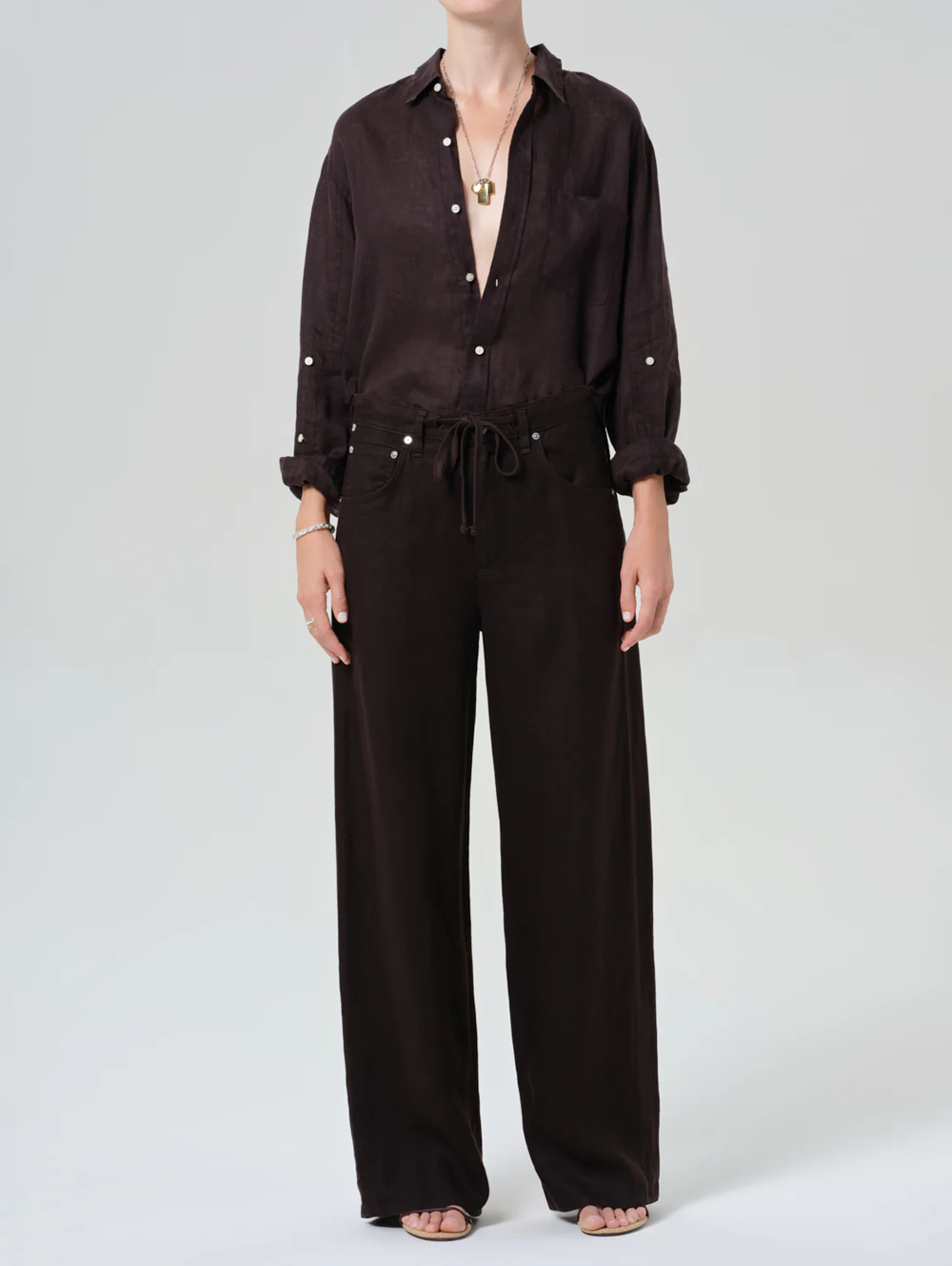 Brynn Drawstring Linen Trouser in Chocolate