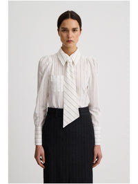 Neck Tie Box Pleat Shirt in White Stripe