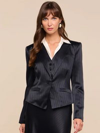 Misa Short Single Breasted Blazer in Black Pinstripe