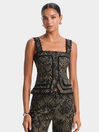 Printed Patchwork Lace Myra Top in Biscotti/Black
