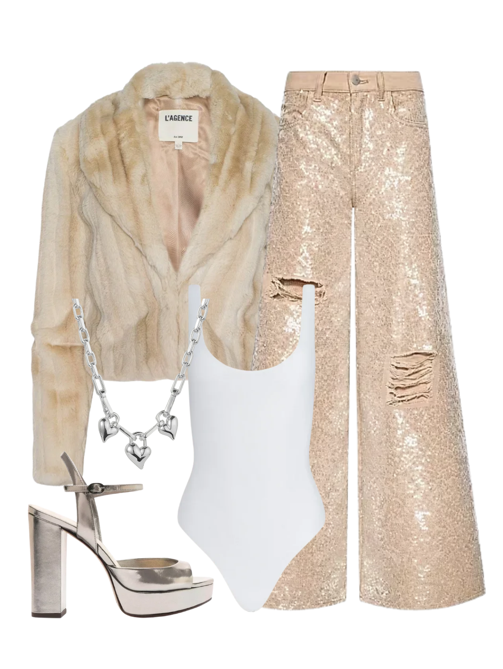 A complete styled outfit consisting of Davy Faux Fur Jacket in Latte Striped Fur, Kalea Mesh Tank Bodysuit in White, Quincy High Rise Wide Leg Sequins Pant in Light Almond, Amy Sandal 110 in Grafite, Padlock Triple Heart Pendant Necklace — Shop The Look — AMY Atelier