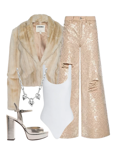 Quincy High Rise Wide Leg Sequins Pant in Light Almond — Shop The Look | AMY Atelier