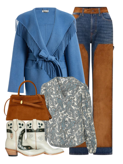 Rowen Fringe Jacket in Dusty Blue — Shop The Look | AMY Atelier