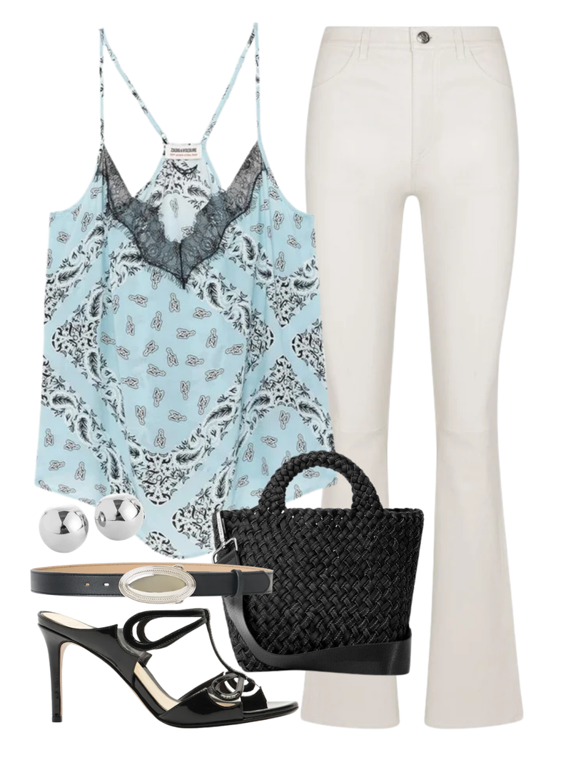 A complete styled outfit consisting of 5 Pocket Micro Flare Pant in Shell, Cespa Bandana Camisole in Bleu Oxford, Adley Belt in Black Silver, St. Barths Small Tote Double Weave In Jet, Malu 85 Black Heel, Aurora Studs In High Polish Silver — Shop The Look — AMY Atelier