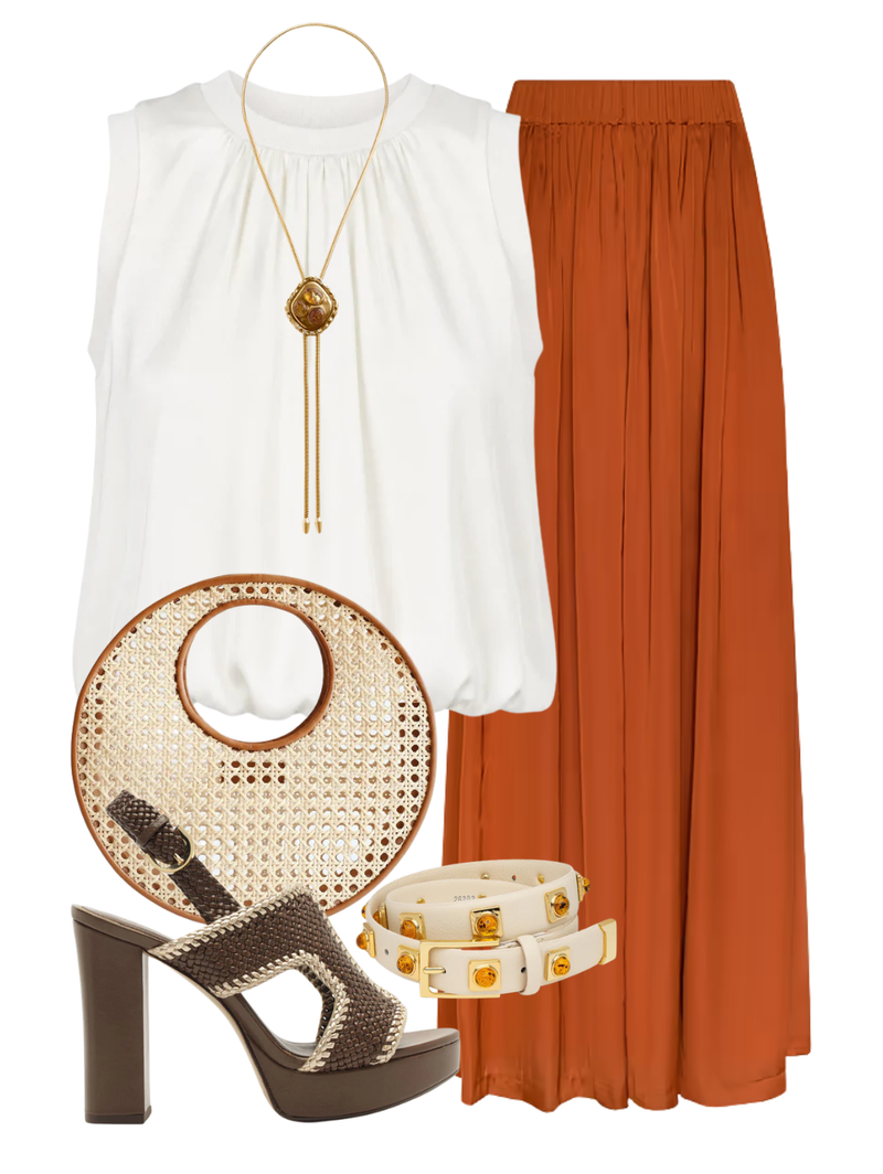 A complete styled outfit consisting of Haylo Wide Leg Pull On Pant In Sienna, Peia Top in Ivory, NO. 2 Belt In Linen Studded With Gold Plated, Anouk Bag In Copper Rattan, Odara 120 Mousse Sandal, The Joanna Bolo with Garnet/Amethyst/Citrine — Shop The Look — AMY Atelier