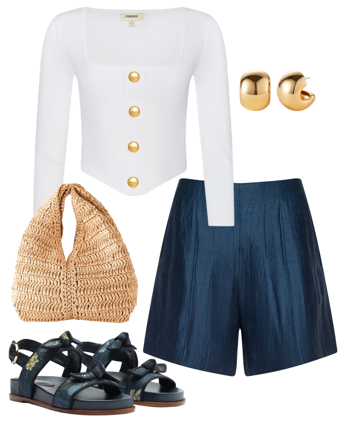 A complete styled outfit consisting of Grosgrain Raffia Sport Sandal, Sasha Knit Corset Top, Simone Raffia Bag in Desert Palm, Gemma Hoop Earrings — Shop The Look — AMY Atelier