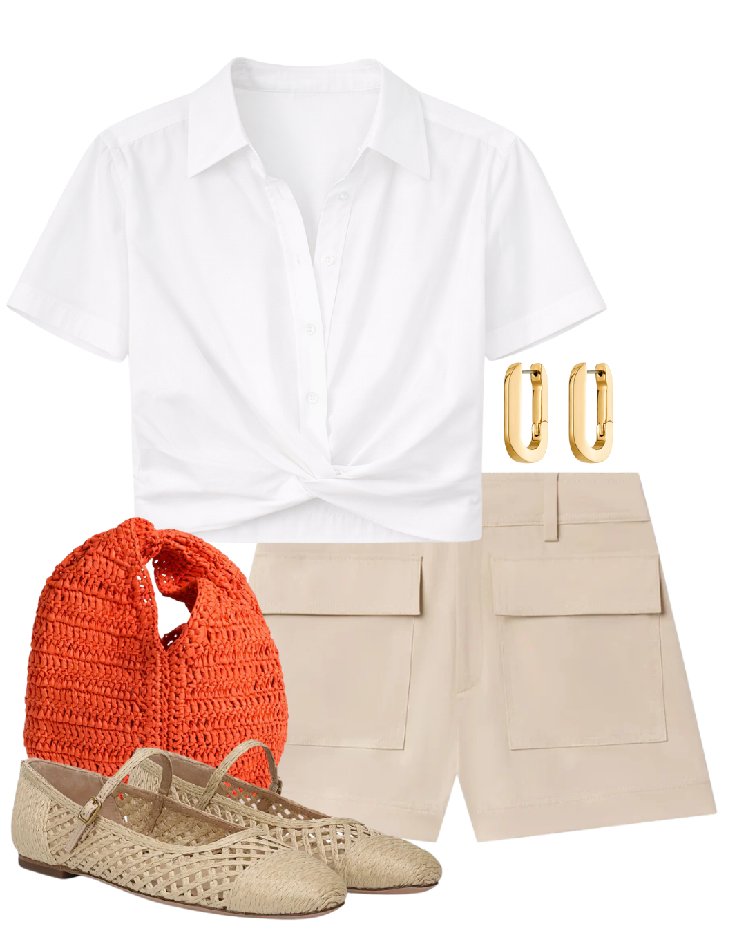 A complete styled outfit consisting of U-Link Gold Earrings, Lily Cropped Shirt, Oakley Stretch Cotton Short, Simone Raffia Bag in Persimmon, Ellie Raffia Mary Jane Flat — Shop The Look — AMY Atelier