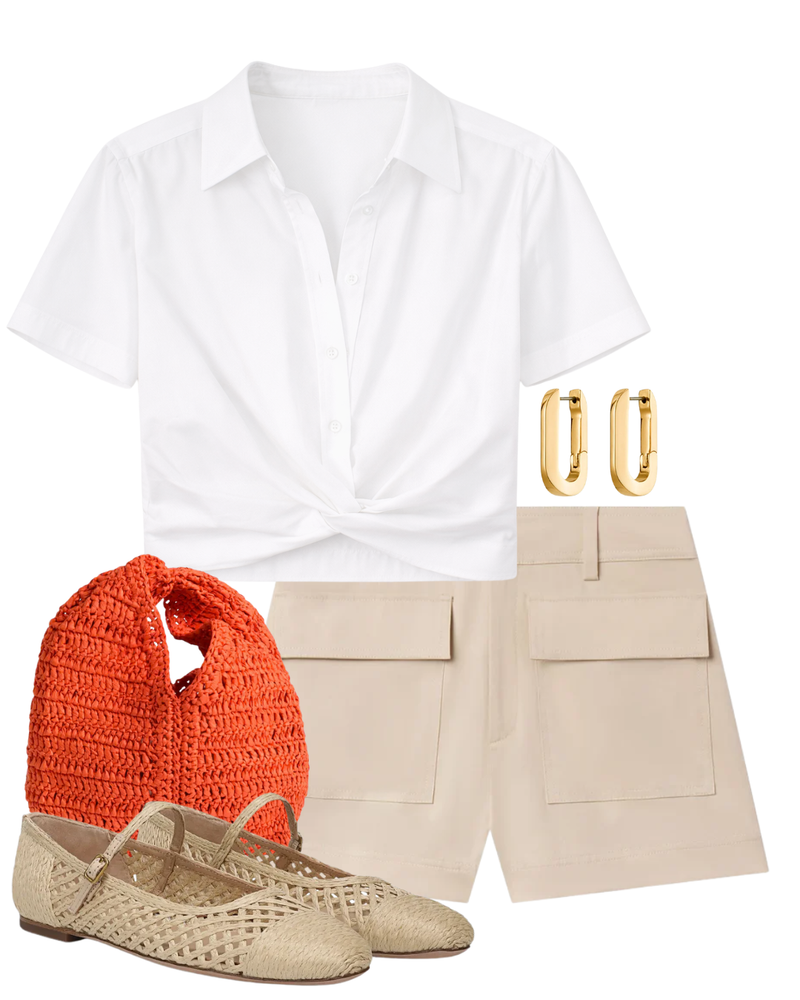 A complete styled outfit consisting of U-Link Gold Earrings, Lily Cropped Shirt, Oakley Stretch Cotton Short, Simone Raffia Bag in Persimmon, Ellie Raffia Mary Jane Flat — Shop The Look — AMY Atelier