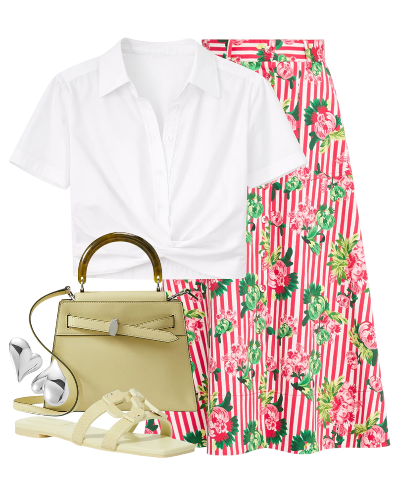 A complete styled outfit consisting of Kali C Midi Skirt in Pivoines Stripe, Lily Cropped Shirt, Veronica Beard Dash Top-Handle Bag, Simkhai Monogram Snake Leather Flat Slide, Mega Art Heart Button Earrings in High Polish Silver — Shop The Look — AMY Atelier