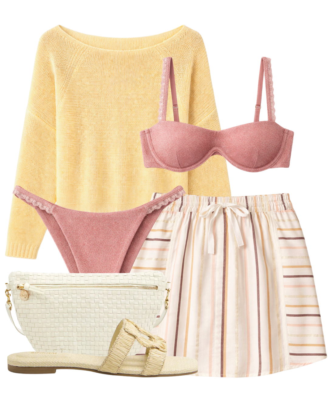 A complete styled outfit consisting of Abas Casablanca Stripe Skirt, Linen Open Knit Bateau Sweater in Flan, Belen Bottom, Bonnie Bikini Top, Cream Woven Checker Grande Fanny, Simkhai Monogram Raffia Flat Slide — Shop The Look — AMY Atelier