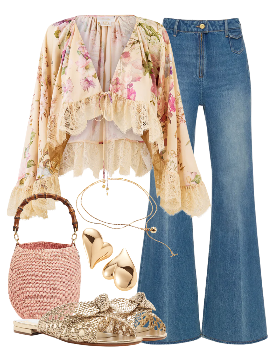 A complete styled outfit consisting of Adorned in Aranjuez Crop Ruffle Top, The Odelia Wide Leg Jean in Danube, Pot de Miel with Bamboo Handle in Blush, Belinda Flat Golden Sandal, Mega Art Heart Button Earrings in High Polish Gold, Constance Wrap Chain — Shop The Look — AMY Atelier