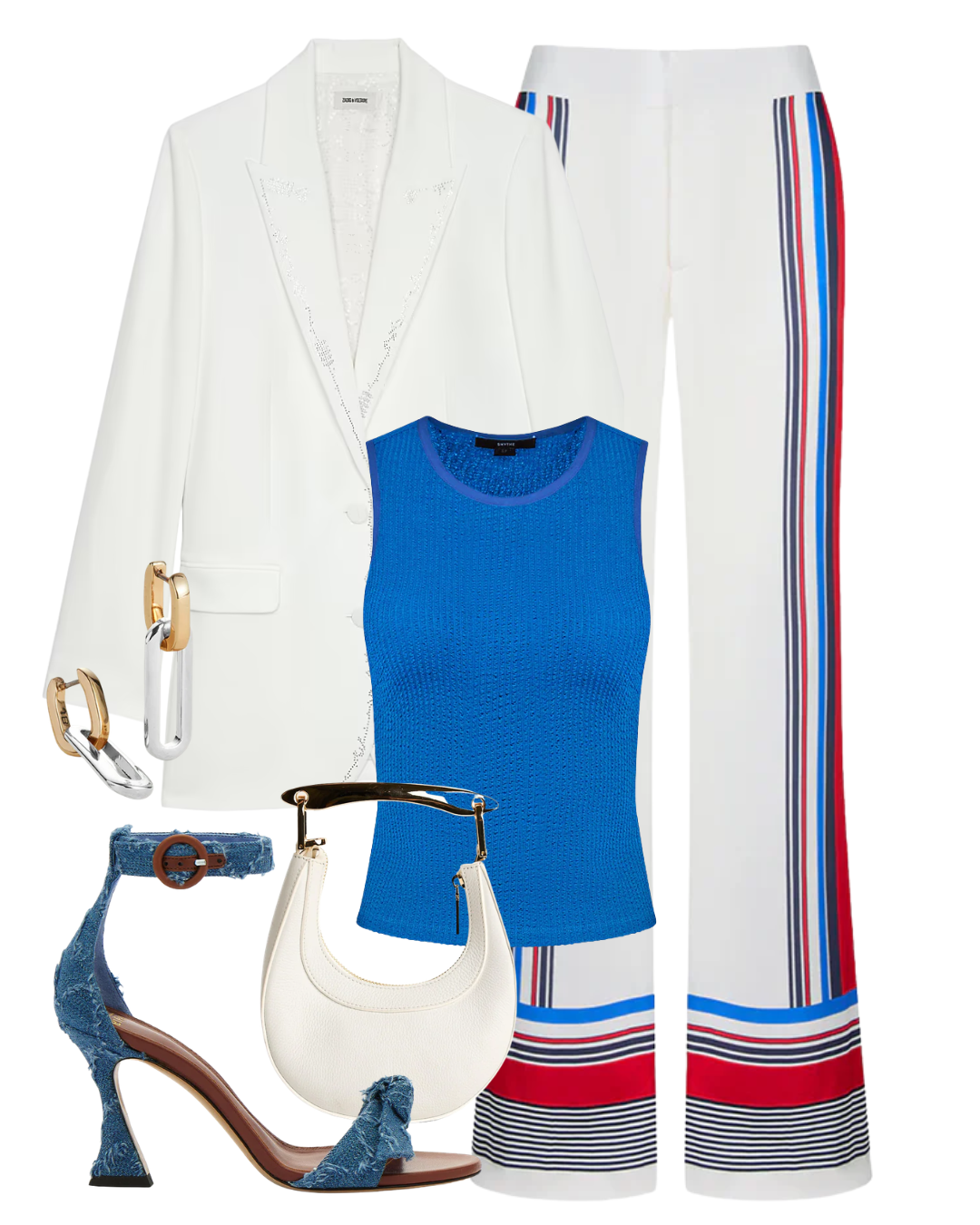 A complete styled outfit consisting of Aegean Blue Muscle Rib Tank, Graphic Red Fluid Pant, Cecile Mini Bag in White Pebbled Leather, Clarita Buckle Denim 85, Teeni Detachable Link Earrings — Shop The Look — AMY Atelier