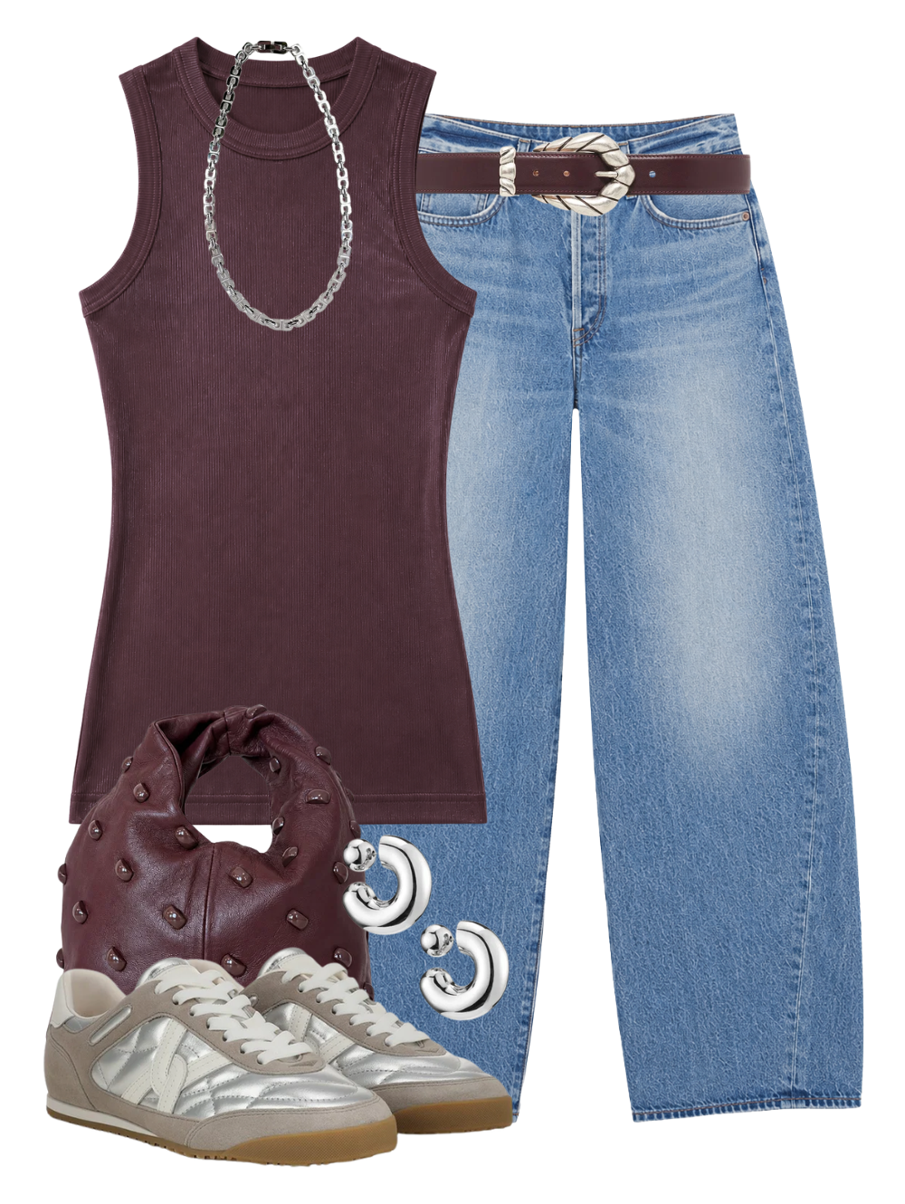 A complete styled outfit consisting of Spiral Jean in Venture, Andre Shiny Tank in Corinth, Embella Leather Belt in Burgundy, Simone Bag in Syrah, Natalia Sneaker in Silver/Grey, Tome Hoops Large In High Polish Silver, Rome Chain in Platinum — Shop The Look — AMY Atelier