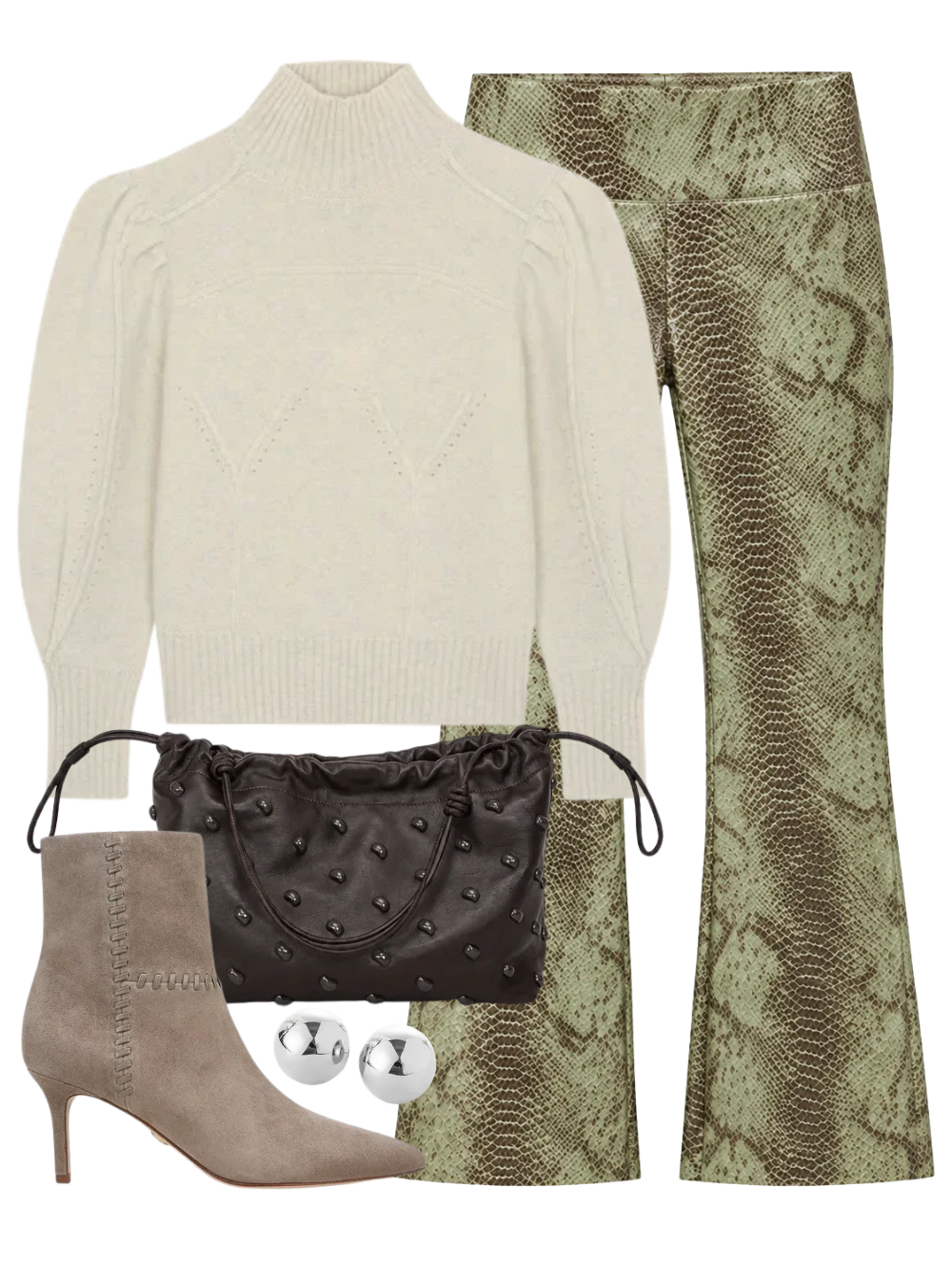 A complete styled outfit consisting of Ankle Flare Pant in Anaconda Green, Lio Sweater in Ivoire Chine, Arlo Bag in Ganache, Lisa 70 Whipstitch Boot in Bark, Aurora Studs In High Polish Silver — Shop The Look — AMY Atelier