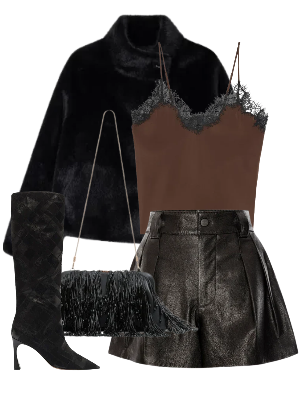 A complete styled outfit consisting of Annabelle Top in Coffee/Black, Mallow Faux Mink Jacket in Dark Grey, The Leather Structural Short in Black, Pia Clutch in Black, Annelise Boot 85 in Black — Shop The Look — AMY Atelier