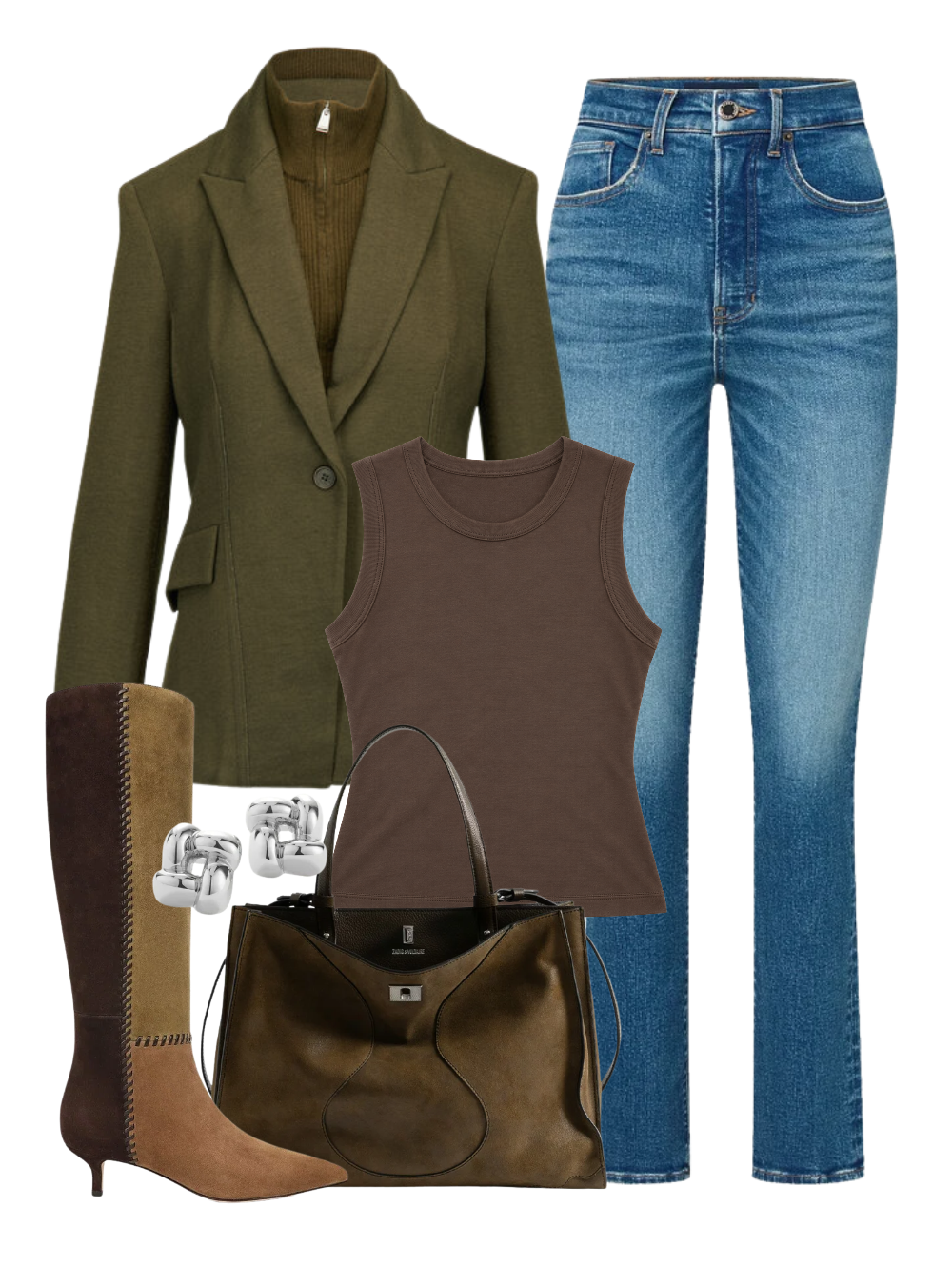 A complete styled outfit consisting of Jack Suede Bag in Wood, Auden Knit Combo Blazer in Dark Olive, Supima Cotton New Classic Sleeveless Tee in Espresso, Lydia Ultra-Slim Jean in City Blast, Lisa 45 Tall Whipstitch Boot in Chestnut/fennel/espresso, Medium Woven Square Earrings in High Polish Silver — Shop The Look — AMY Atelier