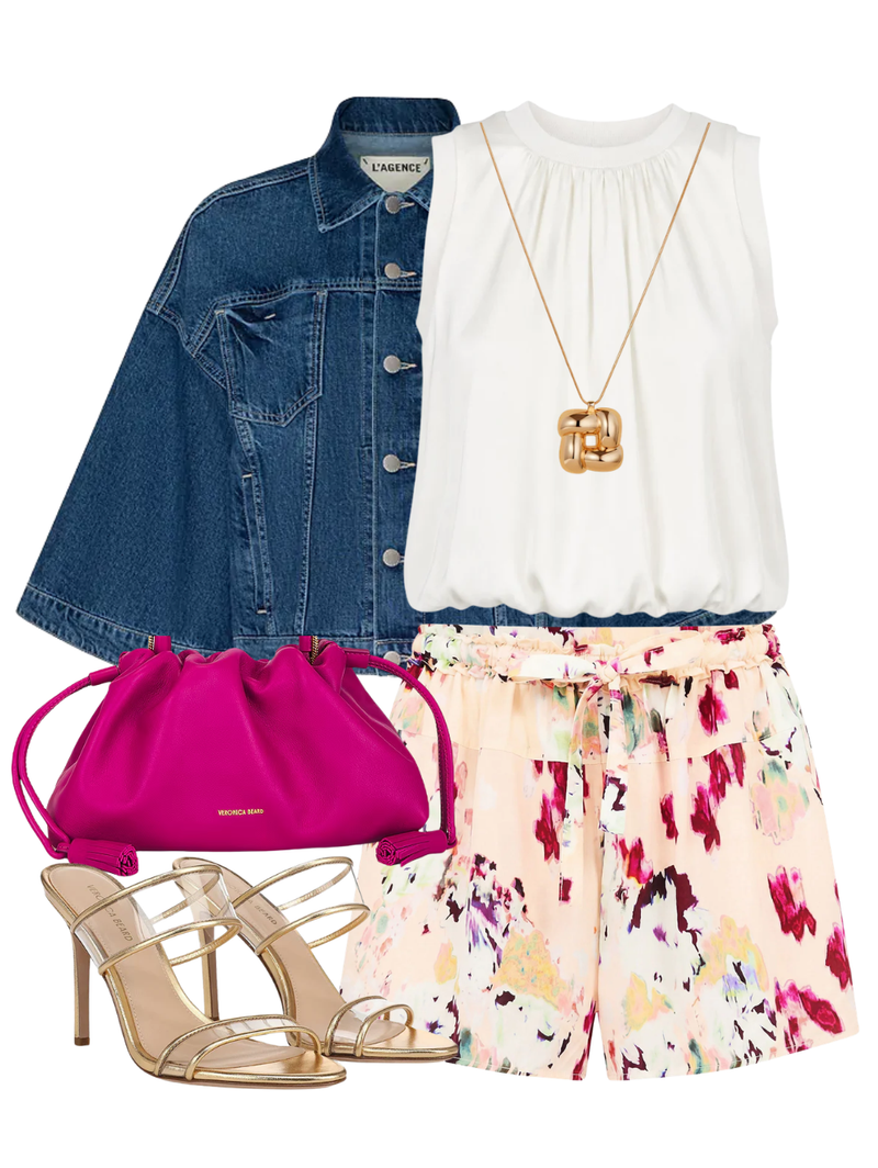 A complete styled outfit consisting of Aurielle Silk Shorts in Summer Garden, Silas Cape Jacket in Orwood, Peia Top in Ivory, Small Stash Bag in Berry, Asha Stiletto Sandal, Woven Square Pendant Necklace in High Polish Gold — Shop The Look — AMY Atelier