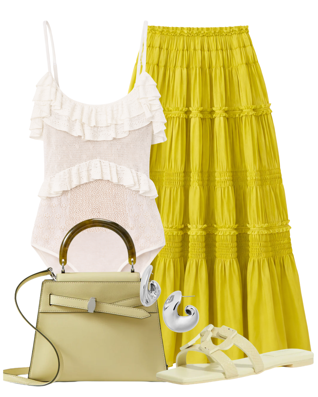 A complete styled outfit consisting of Bania Knit Bodysuit, Virginie Silk Skirt, Veronica Beard Dash Top-Handle Bag, Simkhai Monogram Snake Leather Flat Slide, Gigi Hoop Earrings — Shop The Look — AMY Atelier