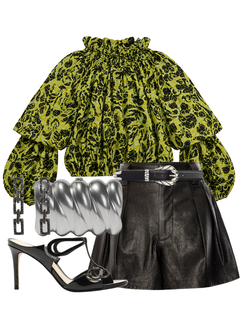 A complete styled outfit consisting of The Leather Structural Short in Black, Beatriz Long Sleeve Cotton Blouse in Chartreuse, Embella Belt In Black, Reya Silver-Tone Metal Clutch, Malu 85 Black Heel, Flat Block Earrings In Black — Shop The Look — AMY Atelier