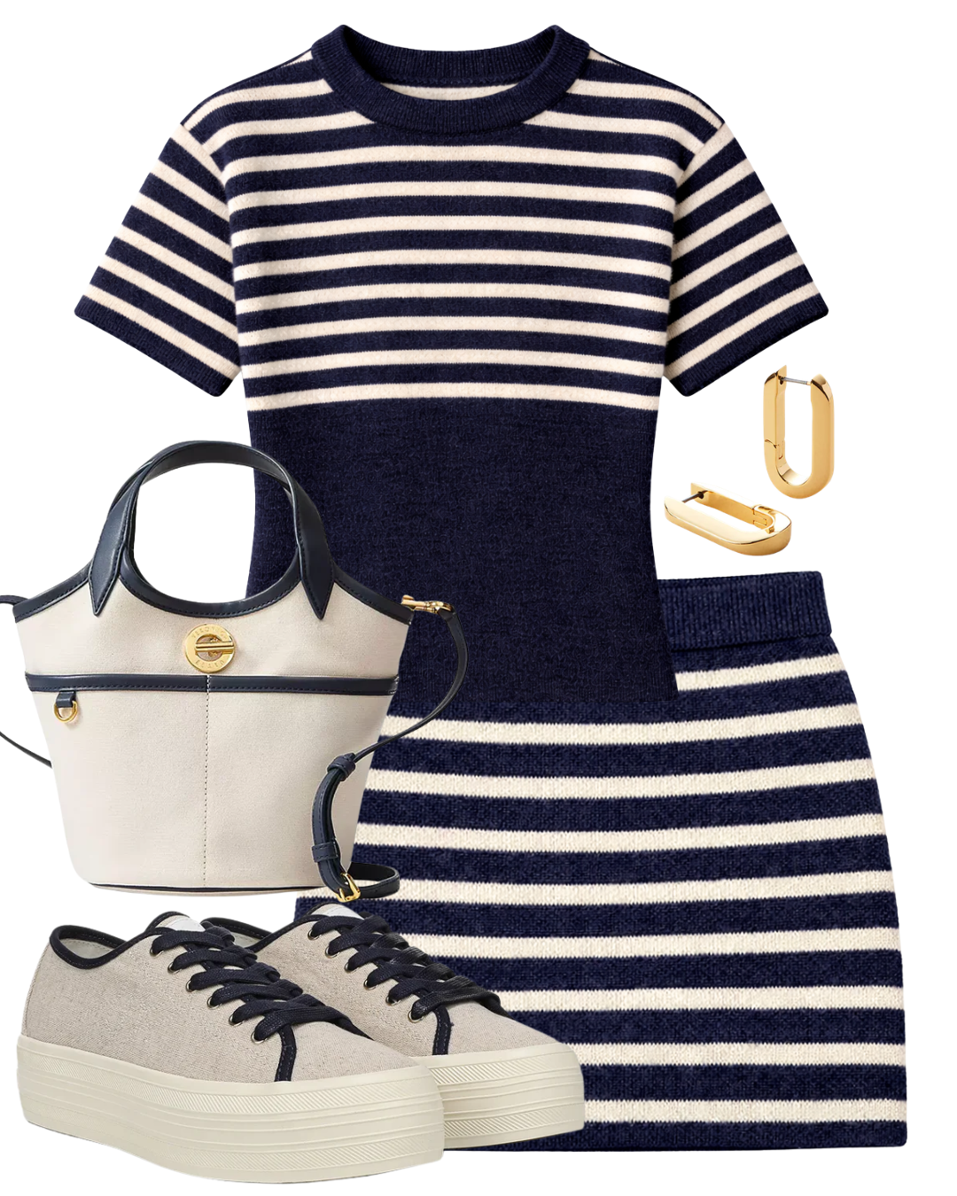 A complete styled outfit consisting of Becca Boucle Mini Skirt, Aggie Boucle Tee, Canvas Leather-Trimmed Anchor Bag, Truett Platform Sneaker, U-Link Gold Earrings — Shop The Look — AMY Atelier