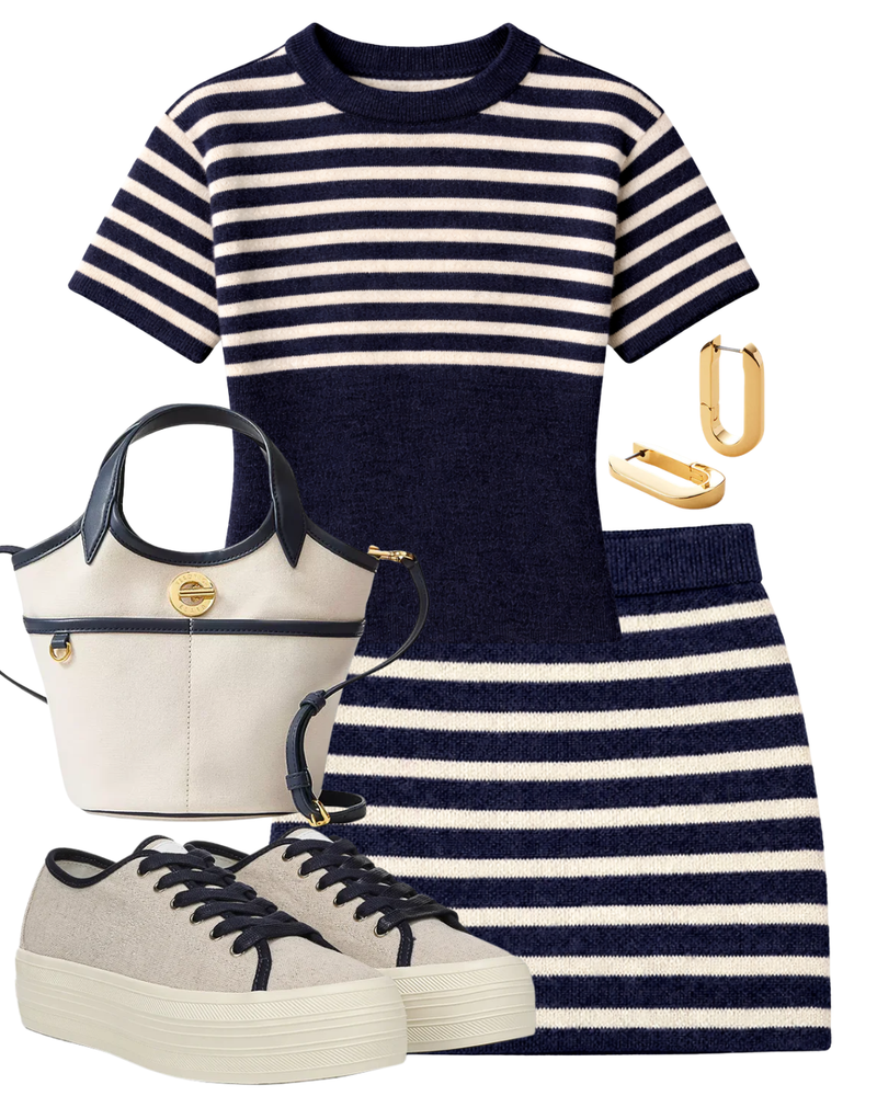 A complete styled outfit consisting of Becca Boucle Mini Skirt, Aggie Boucle Tee, Canvas Leather-Trimmed Anchor Bag, Truett Platform Sneaker, U-Link Gold Earrings — Shop The Look — AMY Atelier