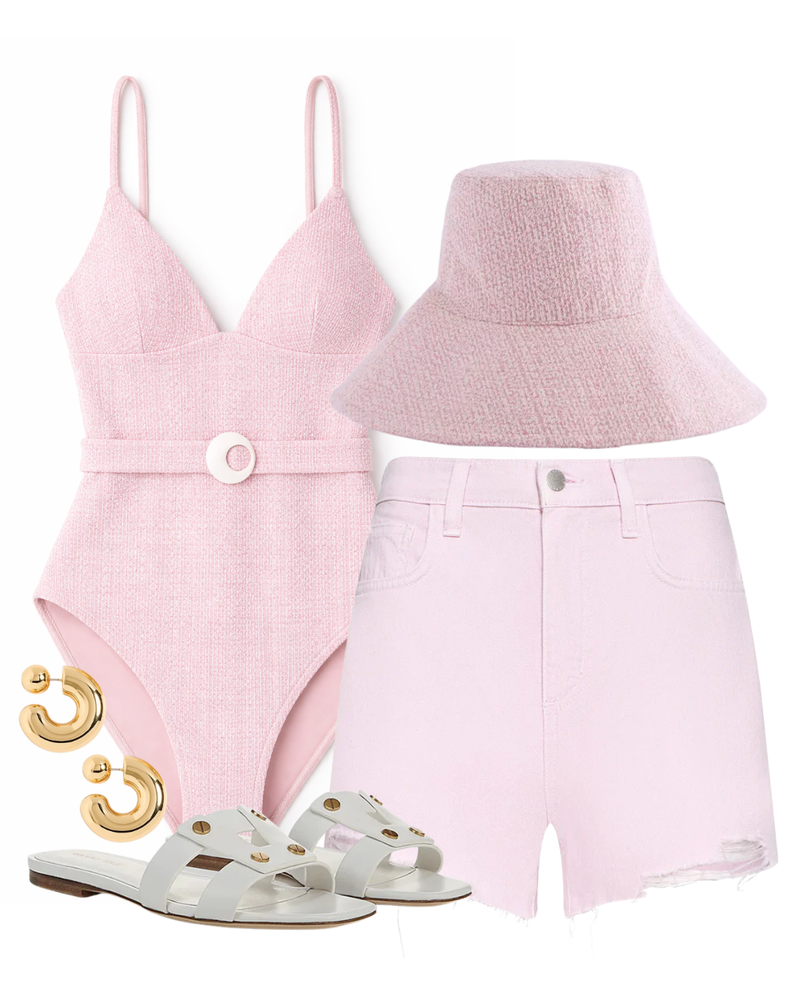 A complete styled outfit consisting of Catalina Full-Piece, Beck Raw-Hem Jean Short, Tweed Sun Hat, Via Slide Sandal in Coconut, Tome Hoops Medium in High Polish Gold — Shop The Look — AMY Atelier