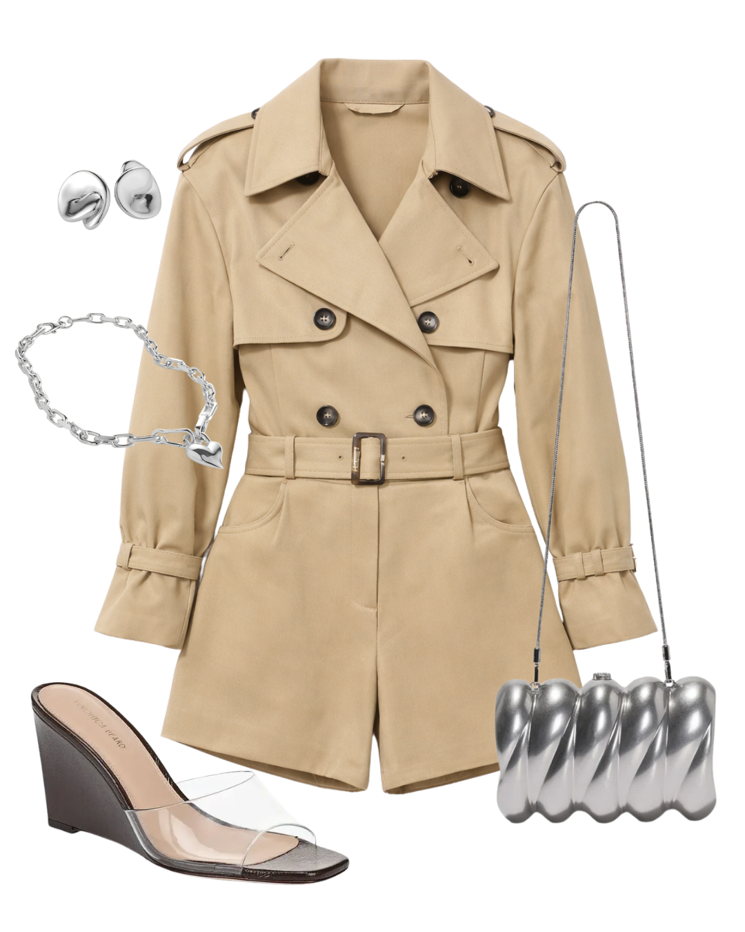 A complete styled outfit consisting of Beige Cotton Playsuit, Reya Silver-Tone Metal Clutch, Asha Wedge Sandal, Rio Silver Button Earrings, Padlock Heart Silver Pendant Necklace — Shop The Look — AMY Atelier