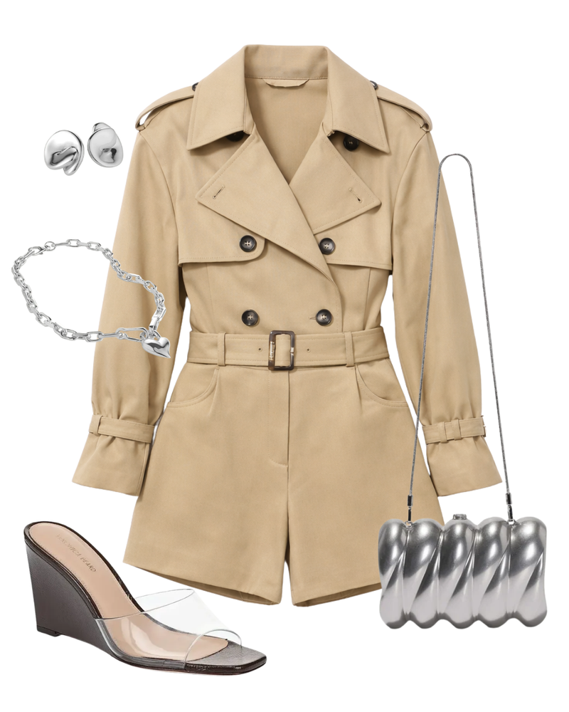 A complete styled outfit consisting of Beige Cotton Playsuit, Reya Silver-Tone Metal Clutch, Asha Wedge Sandal, Rio Silver Button Earrings, Padlock Heart Silver Pendant Necklace — Shop The Look — AMY Atelier