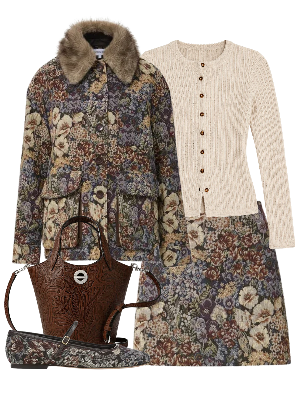 A complete styled outfit consisting of Blake Coat in Dark Eggplant Multi, Lira Cardigan With Picot Edge in Oatmeal Melange, Ohemia Skirt in Dark Eggplant Multi, Tooled Anchor Bag in Chocolate, Ellie Buckle Flat in Espresso Multi — Shop The Look — AMY Atelier