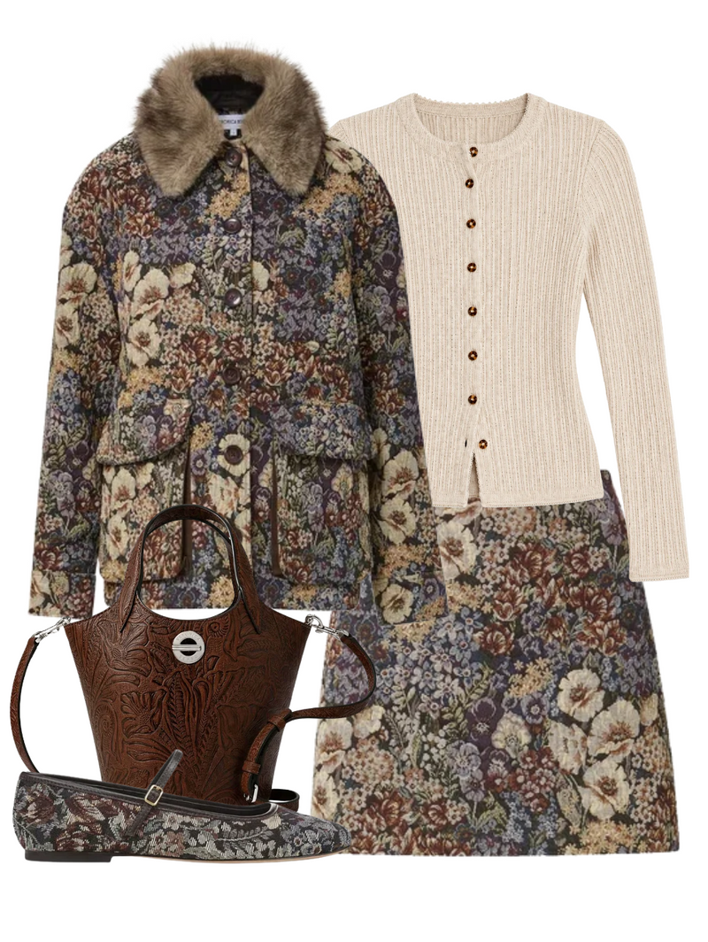 A complete styled outfit consisting of Blake Coat in Dark Eggplant Multi, Lira Cardigan With Picot Edge in Oatmeal Melange, Ohemia Skirt in Dark Eggplant Multi, Tooled Anchor Bag in Chocolate, Ellie Buckle Flat in Espresso Multi — Shop The Look — AMY Atelier