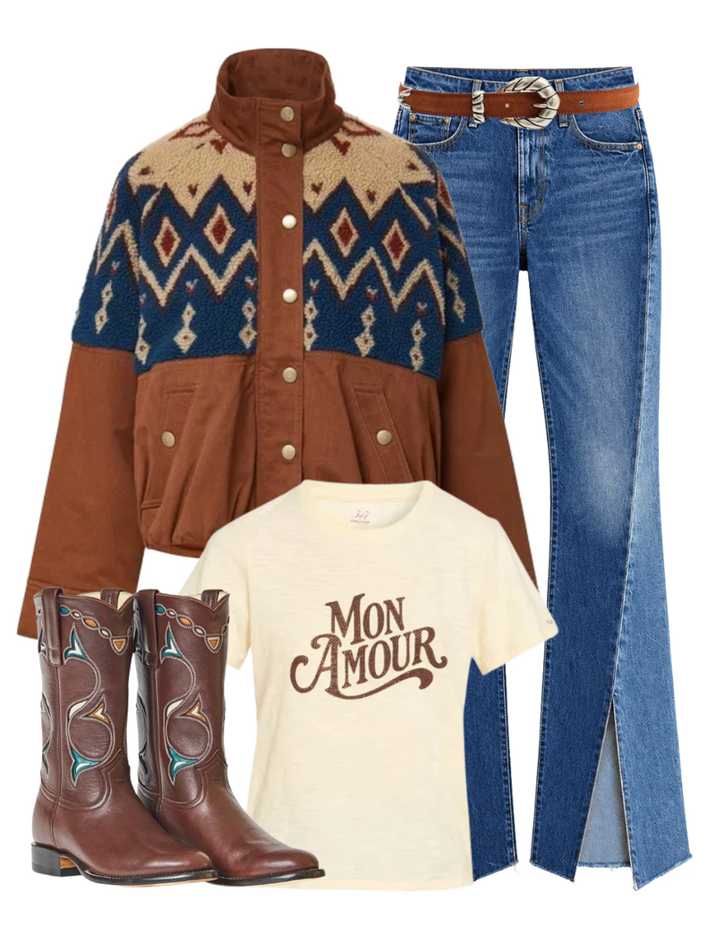 A complete styled outfit consisting of Knoll Jacket in Deep Ochre, Heatset Mon Amour Shrunken Tee in Gardenia, Bookie Slit Twist Heel Fray Jean in Double Take, Embella Baby Belt in Squirrel, Roper Women's Cowboy Boot in Brown — Shop The Look — AMY Atelier