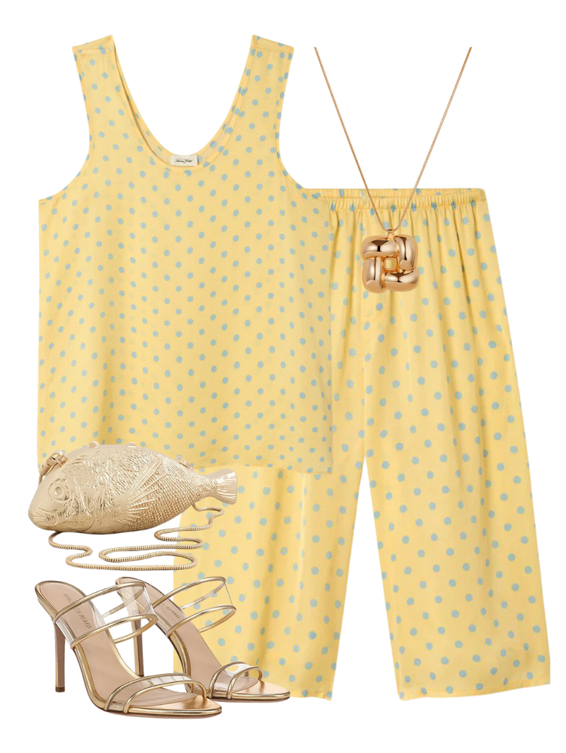 A complete styled outfit consisting of Bovalow Pant in Marthe, Bovalow Tank in Marthe, Splash Metal Clutch, Asha Stiletto Sandal, Woven Square Pendant Necklace in High Polish Gold — Shop The Look — AMY Atelier