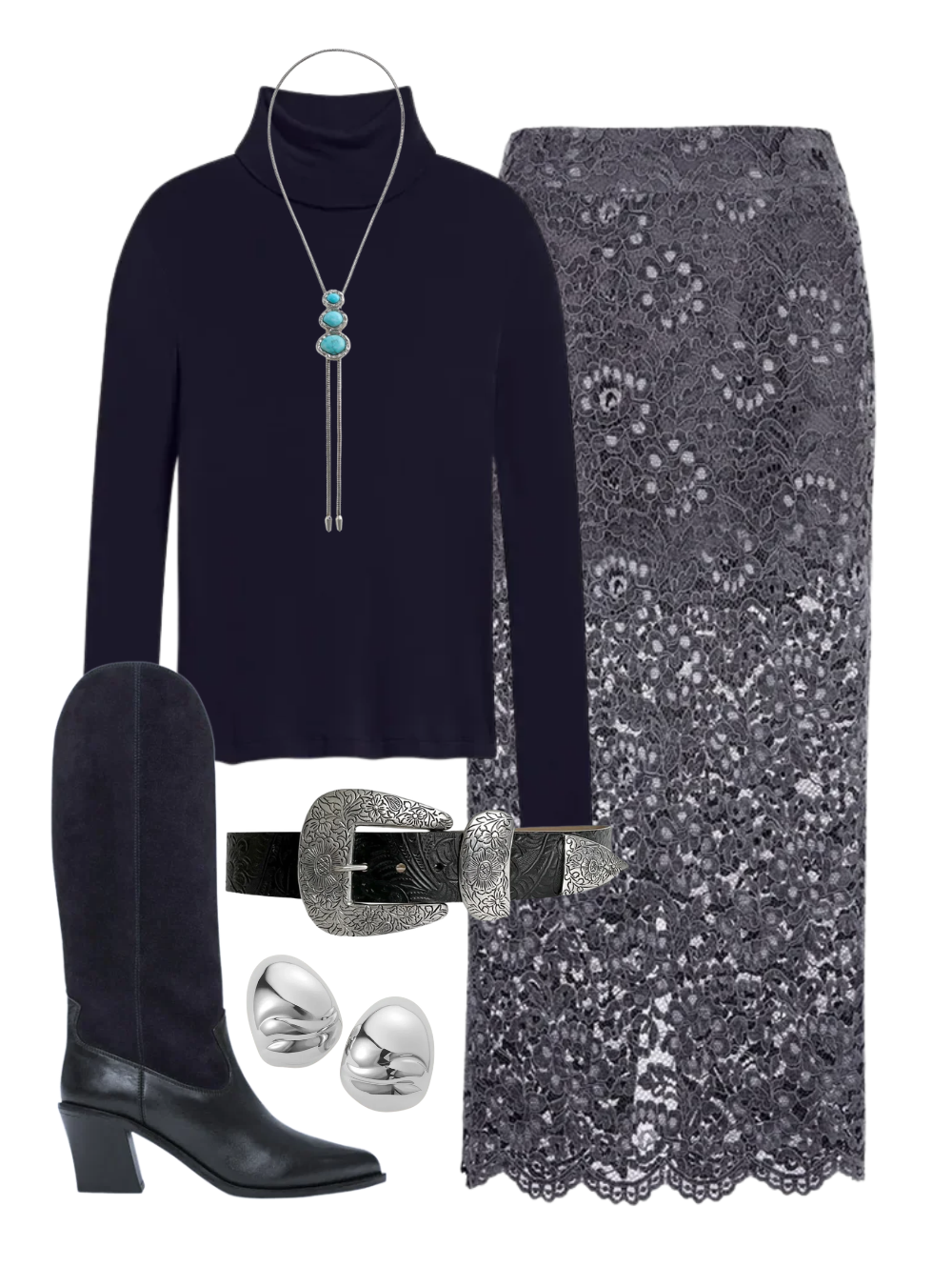 A complete styled outfit consisting of Caradene Turtleneck in Navy, Lace Pencil Skirt In Graphite, Braun Antique Silver Buckle Belt in Black, Nancie Boot in Navy Suede Combo, Nelle Hoops in High Polish Silver, The Merriam Bolo with Turquoise — Shop The Look — AMY Atelier