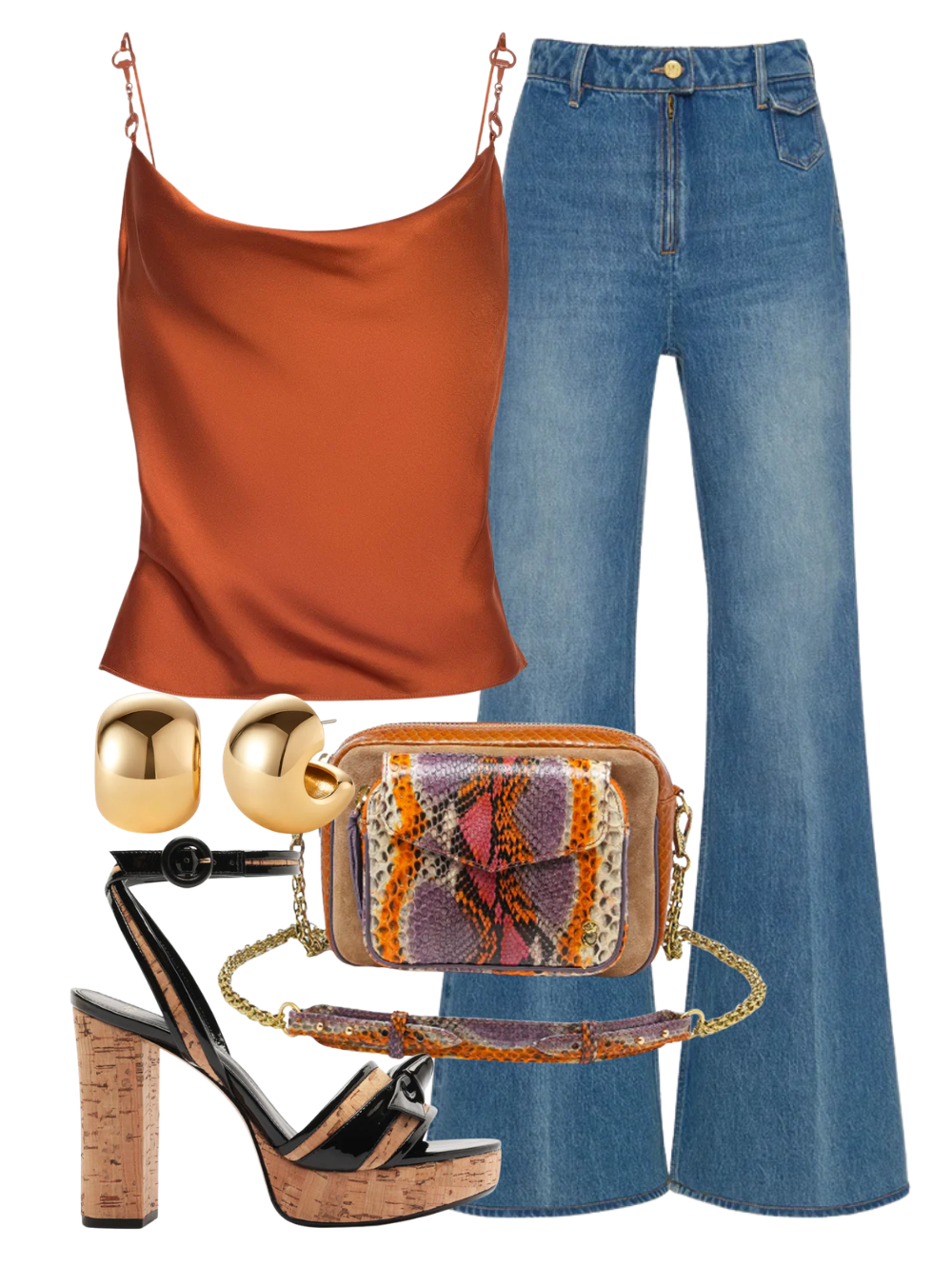 A complete styled outfit consisting of Calista Horsebit Trip Cowl Cami in Sienna, The Odelia Wide Leg Jean in Danube, Charly Bag in Rosavande Python, Clarita Cork 120 Platform Sandal, Gemma Hoop Earrings — Shop The Look — AMY Atelier