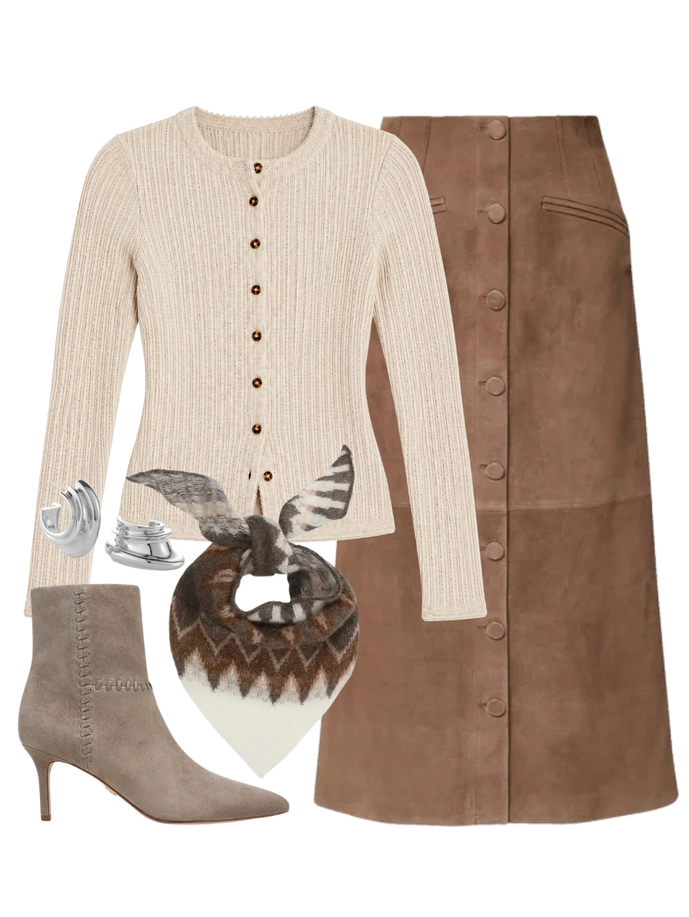 A complete styled outfit consisting of Callisian Skirt in Bark, Lira Cardigan With Picot Edge in Oatmeal Melange, Lisa 70 Whipstitch Boot in Bark, Fair Isle Bandana in Ecru/Taupe, Leona Silver Hoop Earrings — Shop The Look — AMY Atelier