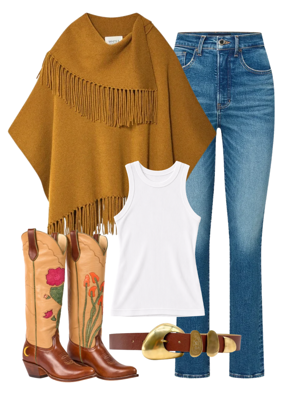 A complete styled outfit consisting of Cashmere Blend Fringe Poncho in Antique Gold, Andre Shiny Tank in Vapor, Dylan Straight-Leg Jean in City Lights, Wila Solid Brass Buckle Belt in Cognac, Cactus Women's Cowboy Boot in Tan — Shop The Look — AMY Atelier