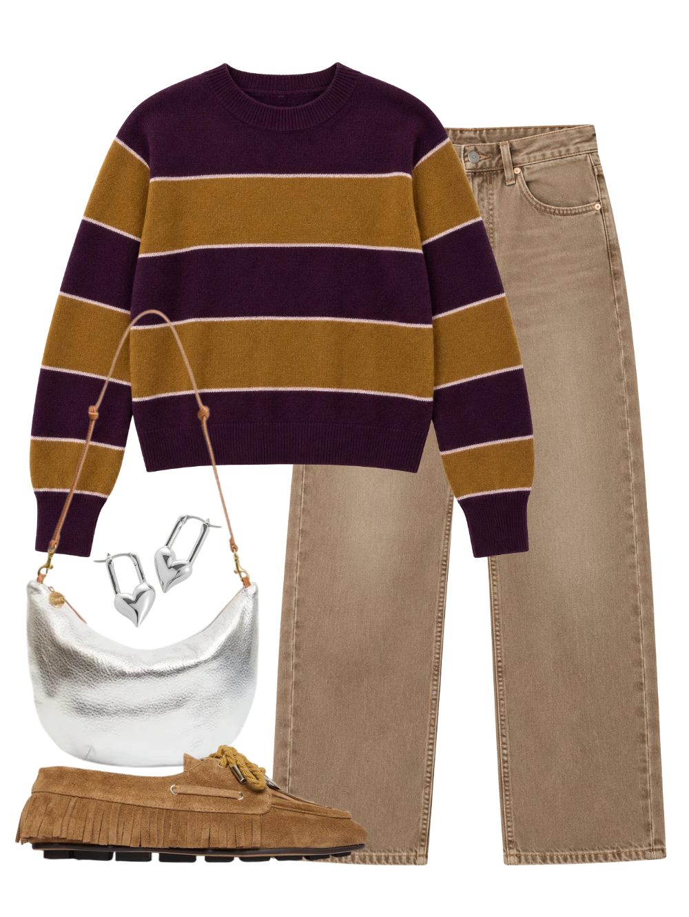A complete styled outfit consisting of Winslow Cropped 27 Jean in Tan, Cashmere Striped Sweatshirt in Deep Plum Combo, Lune Lamba Bag in Silver, Ramona Shoe in Chestnut, Heart Huggies In High Polish Silver — Shop The Look — AMY Atelier