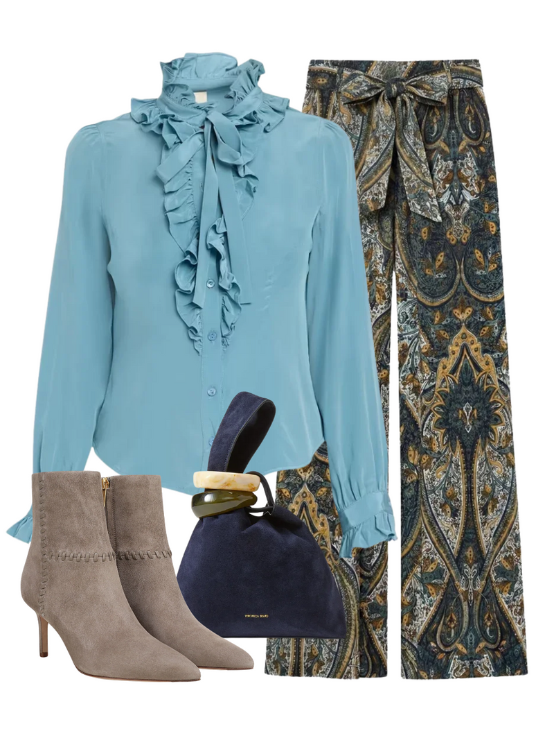 A complete styled outfit consisting of Catroux Long Sleeve Silk Blouse in Heron, Sawyer Wide Leg Silk Pant in Prussian, Veronica Beard Suede Swing Clutch, Lisa 70 Whipstitch Boot in Bark — Shop The Look — AMY Atelier
