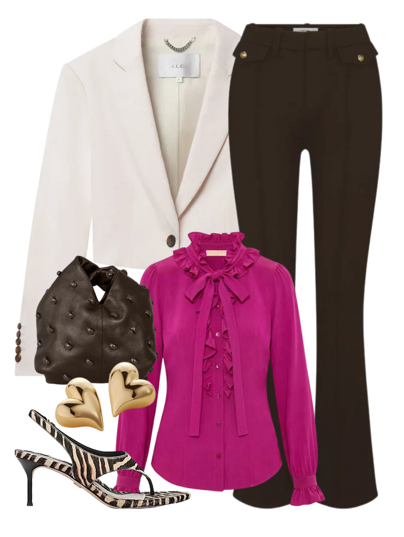 A complete styled outfit consisting of Catroux Long Sleeve Silk Blouse in Orchid, Cam Jacket in Buttercream, The Reboot Trouser - Sculpted Seam in Americano, Simone Bag in Ganache, Talon-2 Heel In Ziger Brown, Nelle Hoops in High Polish Gold — Shop The Look — AMY Atelier