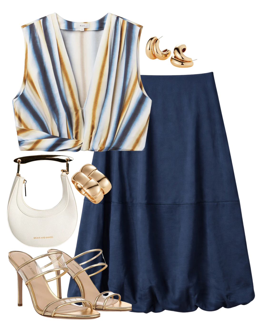 A complete styled outfit consisting of Cecile Mini Bag in White Pebbled Leather, Brooklyn Striped Top, Montrose Bubble Skirt in Navy, Asha Stiletto Sandal, Orla Earrings in High Polish Gold, Mega Woven Square Bangle in High Polish Gold — Shop The Look — AMY Atelier