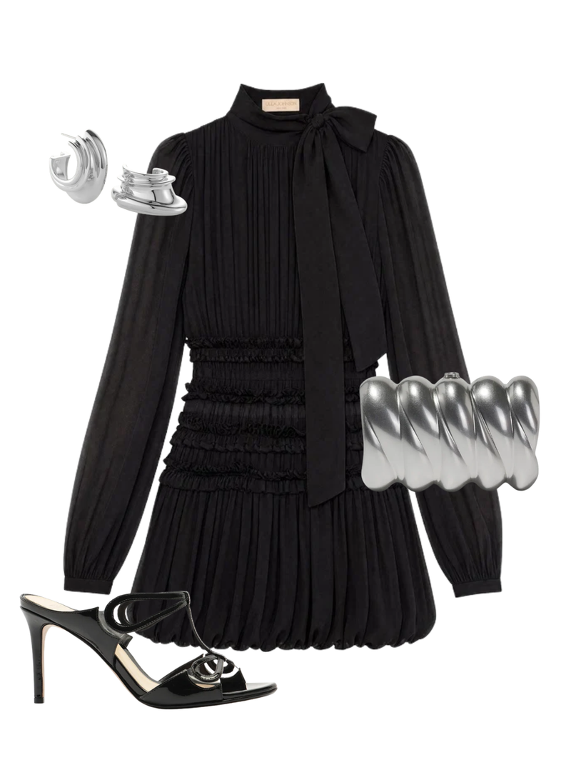 A complete styled outfit consisting of Celestine Long Sleeve Silk Dress in Noir, Reya Silver-Tone Metal Clutch, Malu 85 Black Heel, Leona Silver Hoop Earrings — Shop The Look — AMY Atelier