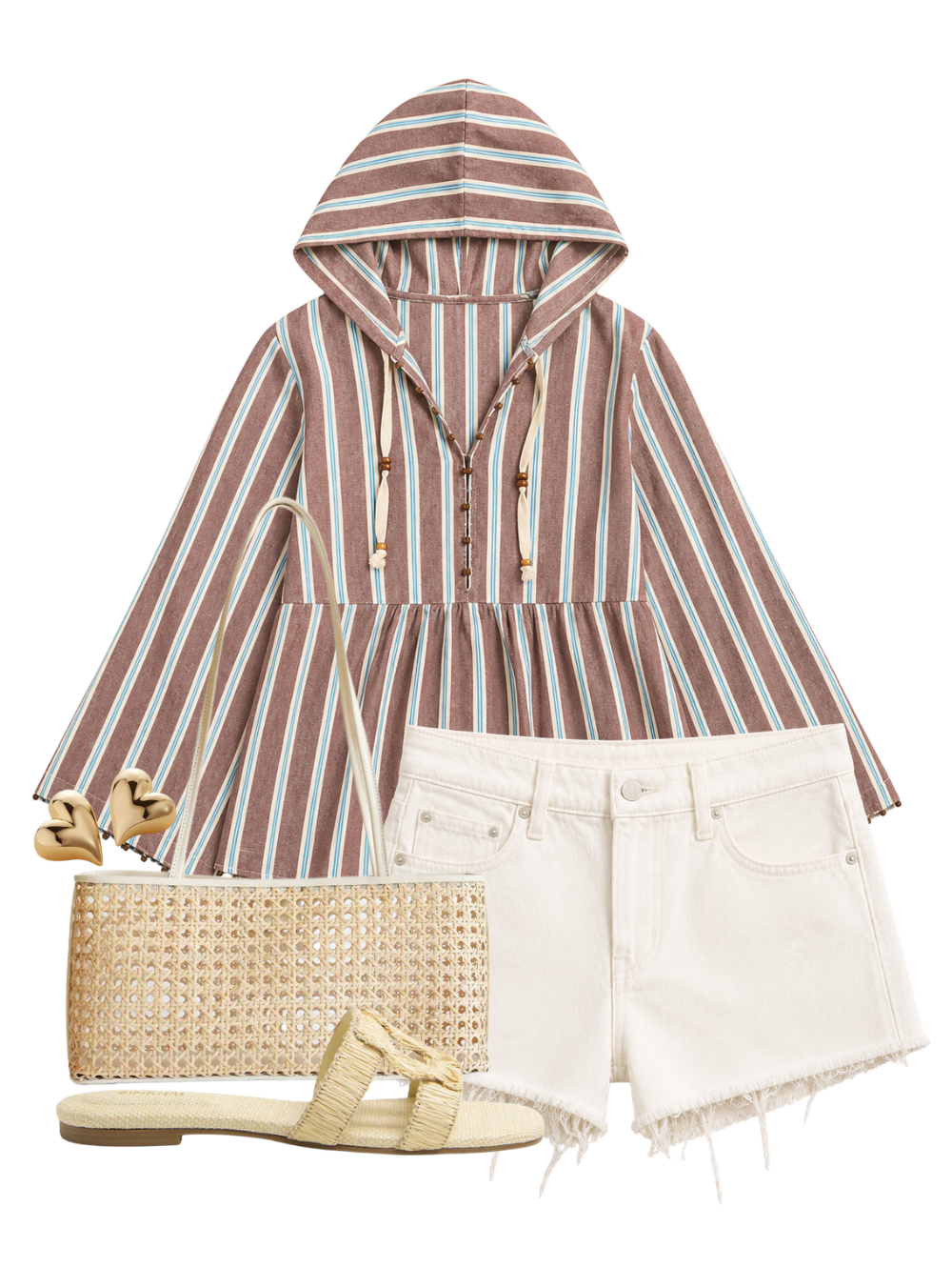 A complete styled outfit consisting of Naomi Bag In Cream Rattan, Chaos Hooded Stripe Top, Dodger Short Fray Natural Selection, Simkhai Monogram Raffia Flat Slide, Art Heart Symmetrical Button Earrings in High Polish Gold — Shop The Look — AMY Atelier