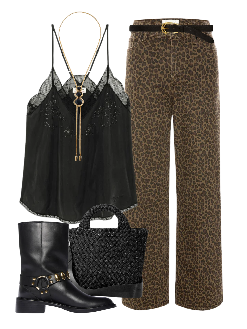 A complete styled outfit consisting of Christy Silk Strass Paisley Camisole in Black, Le Slim Palazzo Pant in Leopard, St. Barths Small Tote Double Weave In Jet, Suede Horseshoe Belt in Black, Aeri Moto Boot, The Merriam Bolo with Onyx — Shop The Look — AMY Atelier